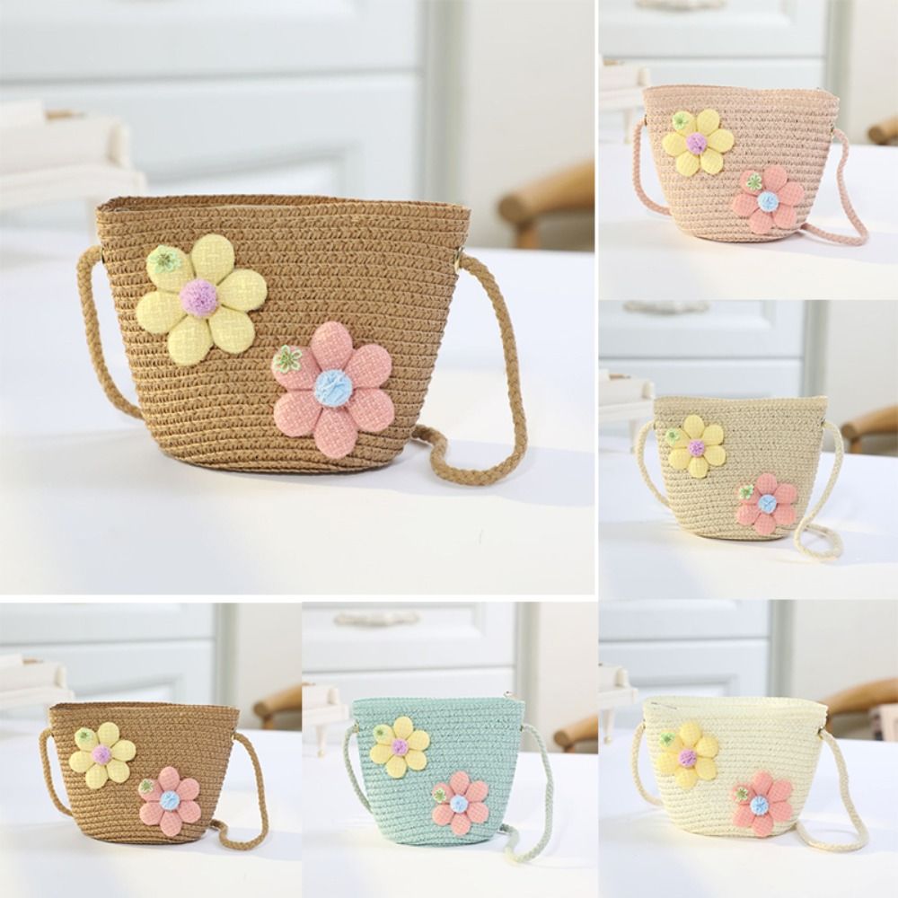 Woven Straw Bag - 수제 꽃무늬 밀짚 가방 지퍼 동전