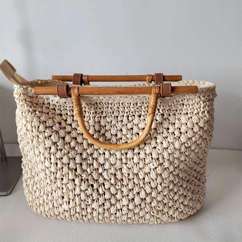 Woven Straw Bag - 여성용 나무 손잡이 빨대 가방, 수제