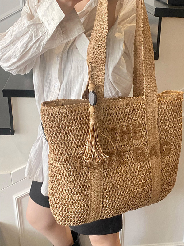 Woven Straw Bag - 여름 해변 여행용 대용량 밀짚 가방