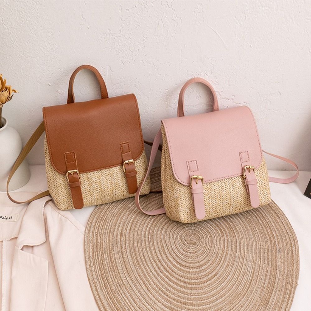 Woven Straw Bag - 패션 PU 가죽 밀짚 백팩 레트로