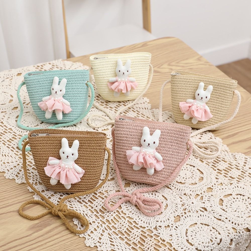 귀여운 만화 토끼 미니 밀짚 가방 지퍼 동전 지갑 어린 - Woven Straw Bag 리뷰 및 가격